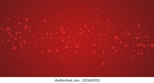 Magic falling snow christmas background. Subtle flying snow flakes and stars on christmas red background. Magic falling snow holiday scenery.   Wide vector illustration.