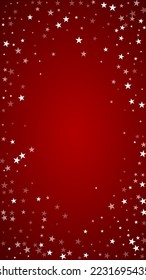 Magic falling snow christmas background. Subtle flying snow flakes and stars on christmas red background. Magic falling snow holiday scenery.   Vertical vector illustration.