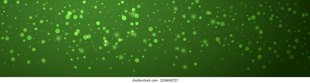 El fondo de navidad de la nieve cae mágicamente. Sutiles copos de nieve volando y estrellas sobre fondo verde navideño. Escenario de vacaciones de nieve en caída mágica.   Ilustración de vector panorámica.