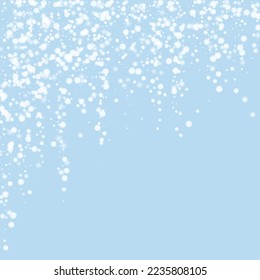 Magic falling snow christmas background. Subtle flying snow flakes and stars on light blue winter backdrop. Magic falling snow holiday scenery.   Square vector illustration.