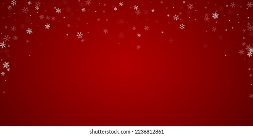 Magic falling snow christmas background. Subtle flying snow flakes and stars on christmas red background. Magic falling snow holiday scenery.   Wide vector illustration.