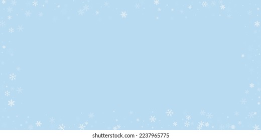 Magic falling snow christmas background. Subtle flying snow flakes and stars on light blue winter backdrop. Magic falling snow holiday scenery.   Wide vector illustration.