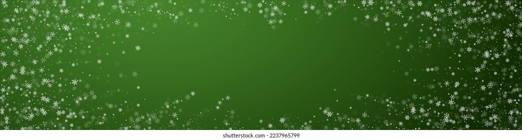Magic falling snow christmas background. Subtle flying snow flakes and stars on christmas green background. Magic falling snow holiday scenery.   Panoramic vector illustration.