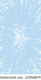 Magic falling snow christmas background. Subtle flying snow flakes and stars on light blue winter backdrop. Magic falling snow holiday scenery.   Vertical vector illustration.