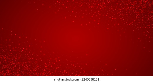Magic falling snow christmas background. Subtle flying snow flakes and stars on christmas red background. Magic falling snow holiday scenery.   Wide vector illustration.