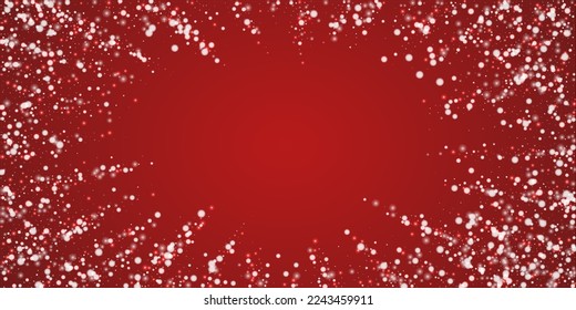 Magic falling snow christmas background. Subtle flying snow flakes and stars on christmas red background. Magic falling snow holiday scenery.   Wide vector illustration.