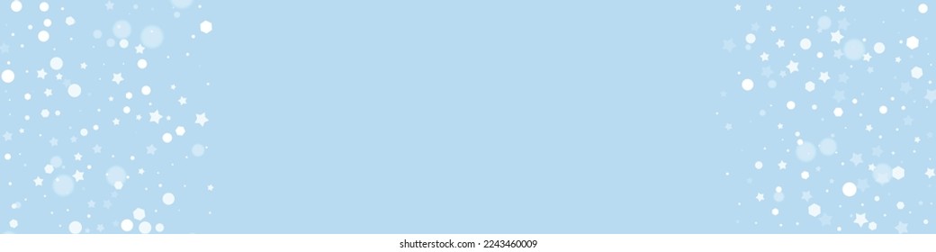 Magic falling snow christmas background. Subtle flying snow flakes and stars on light blue winter backdrop. Magic falling snow holiday scenery.   Panoramic vector illustration.