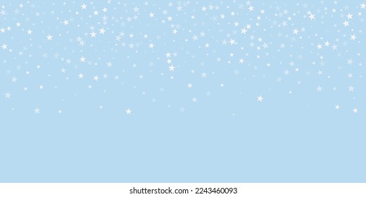 Magic falling snow christmas background. Subtle flying snow flakes and stars on light blue winter backdrop. Magic falling snow holiday scenery.   Wide vector illustration.