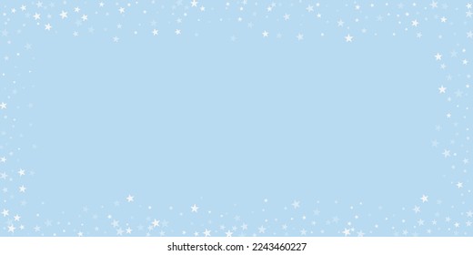 Magic falling snow christmas background. Subtle flying snow flakes and stars on light blue winter backdrop. Magic falling snow holiday scenery.   Wide vector illustration.