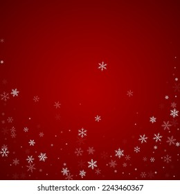 Magic falling snow christmas background. Subtle flying snow flakes and stars on christmas red background. Magic falling snow holiday scenery.   Square vector illustration.