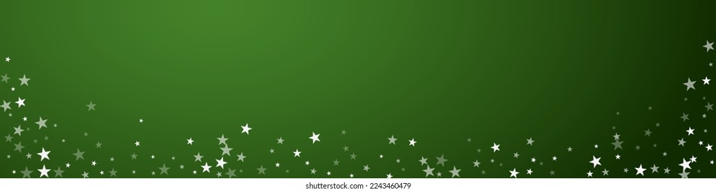 El fondo de navidad de la nieve cae mágicamente. Sutiles copos de nieve volando y estrellas sobre fondo verde navideño. Escenario de vacaciones de nieve en caída mágica.   Ilustración de vector panorámica.