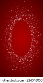 Magic falling snow christmas background. Subtle flying snow flakes and stars on christmas red background. Magic falling snow holiday scenery.   Vertical vector illustration.
