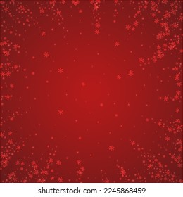 Zauberhafter, fallender Schneeschuhhintergrund. Subtile fliegende Schneeflocken und Sterne auf christlich-rotem Hintergrund. Zauberhafte Winterurlaubslandschaft.   Square, Vektorgrafik.