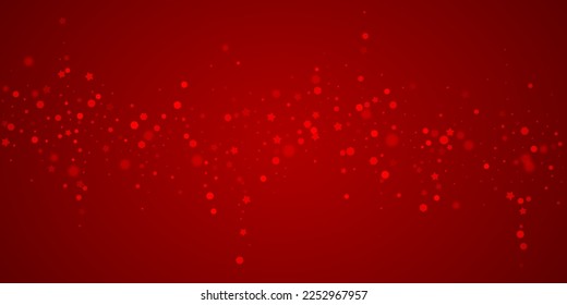 Magic falling snow christmas background. Subtle flying snow flakes and stars on christmas red background. Magic falling snow holiday scenery.   Wide vector illustration.