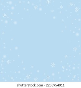 Magic falling snow christmas background. Subtle flying snow flakes and stars on light blue winter backdrop. Magic falling snow holiday scenery.   Square vector illustration.