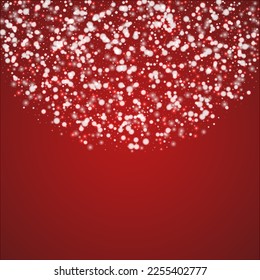 Magic falling snow christmas background. Subtle flying snow flakes and stars on christmas red background. Magic falling snow holiday scenery.   Square vector illustration.