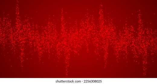 Magic falling snow christmas background. Subtle flying snow flakes and stars on christmas red background. Magic falling snow holiday scenery.   Wide vector illustration.