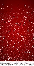 Magic falling snow christmas background. Subtle flying snow flakes and stars on christmas red background. Magic falling snow holiday scenery.   Vertical vector illustration.