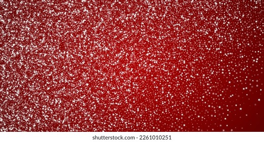 Magic falling snow christmas background. Subtle flying snow flakes and stars on christmas red background. Magic falling snow holiday scenery.   Wide vector illustration.