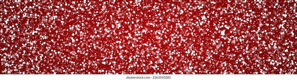 Magic falling snow christmas background. Subtle flying snow flakes and stars on christmas red background. Magic falling snow holiday scenery.   Panoramic vector illustration.