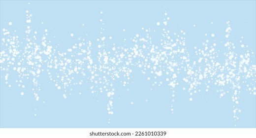 Magic falling snow christmas background. Subtle flying snow flakes and stars on light blue winter backdrop. Magic falling snow holiday scenery.   Wide vector illustration.