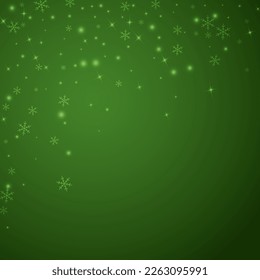 Magic falling snow christmas background. Subtle flying snow flakes and stars on christmas green background. Magic falling snow holiday scenery.   Square vector illustration.