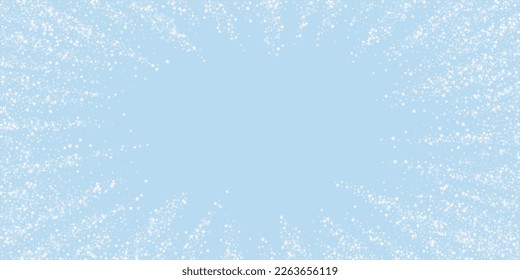 Magic falling snow christmas background. Subtle flying snow flakes and stars on light blue winter backdrop. Magic falling snow holiday scenery.   Wide vector illustration.