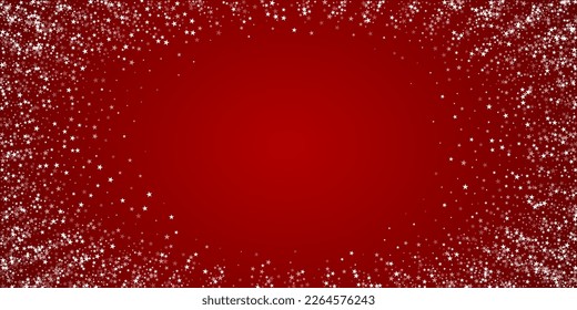 Magic falling snow christmas background. Subtle flying snow flakes and stars on christmas red background. Magic falling snow holiday scenery.   Wide vector illustration.