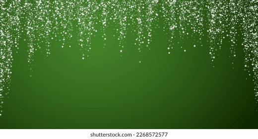 Magic falling snow christmas background. Subtle flying snow flakes and stars on christmas green background. Magic falling snow holiday scenery.   Wide vector illustration.