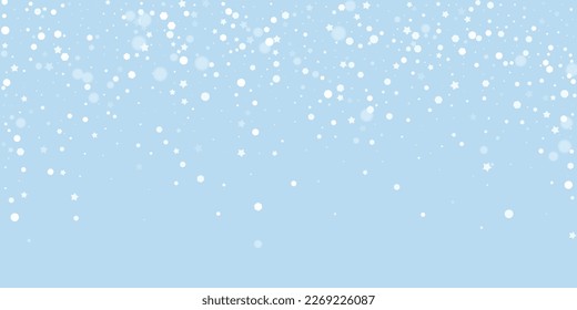 Magic falling snow christmas background. Subtle flying snow flakes and stars on light blue winter backdrop. Magic falling snow holiday scenery.   Wide vector illustration.