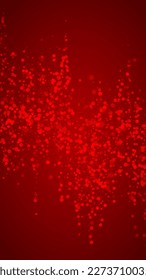 Magic falling snow christmas background. Subtle flying snow flakes and stars on christmas red background. Magic falling snow holiday scenery.   Vertical vector illustration.