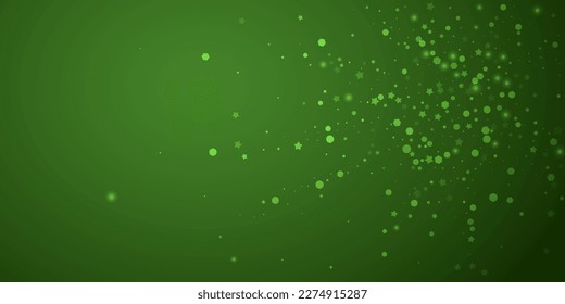 Magic falling snow christmas background. Subtle flying snow flakes and stars on christmas green background. Magic falling snow holiday scenery.   Wide vector illustration.