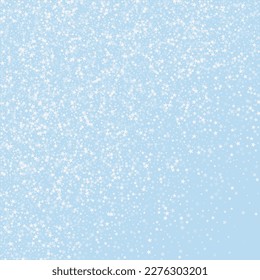 Magic falling snow christmas background. Subtle flying snow flakes and stars on light blue winter backdrop. Magic falling snow holiday scenery.   Square vector illustration.