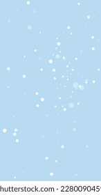 Magic falling snow christmas background. Subtle flying snow flakes and stars on light blue winter backdrop. Magic falling snow holiday scenery.   Vertical vector illustration.
