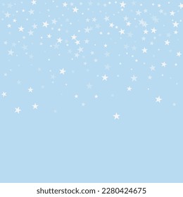 Zauberhafter, fallender Schneeschuhhintergrund. Subtile fliegende Schneeflocken und Sterne auf hellblauem Winterhintergrund. Zauberhafte Winterurlaubslandschaft.   Square, Vektorgrafik.