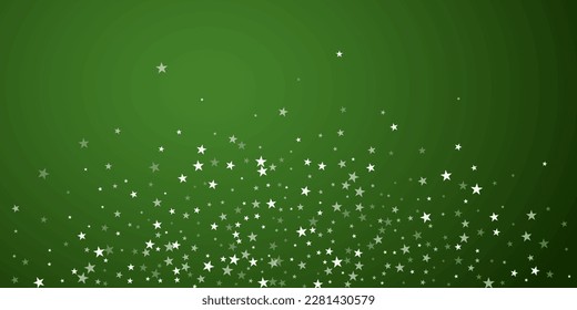 Magic falling snow christmas background. Subtle flying snow flakes and stars on christmas green background. Magic falling snow holiday scenery.   Wide vector illustration.
