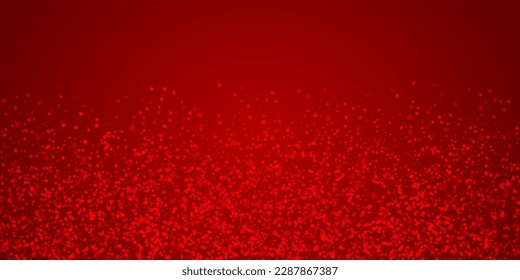 Magic falling snow christmas background. Subtle flying snow flakes and stars on christmas red background. Magic falling snow holiday scenery.   Wide vector illustration.