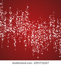 El fondo de navidad de la nieve cae mágicamente. Sutiles copos de nieve volando y estrellas de fondo rojo navideño. Escenario de vacaciones de nieve en caída mágica.   Ilustración vectorial cuadrada.