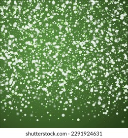 Magic falling snow christmas background. Subtle flying snow flakes and stars on christmas green background. Magic falling snow holiday scenery.   Square vector illustration.