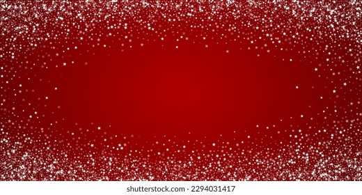 Magic falling snow christmas background. Subtle flying snow flakes and stars on christmas red background. Magic falling snow holiday scenery.   Wide vector illustration.