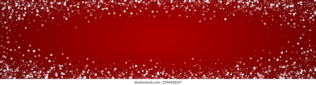 Magic falling snow christmas background. Subtle flying snow flakes and stars on christmas red background. Magic falling snow holiday scenery.   Panoramic vector illustration.