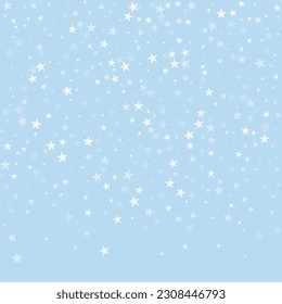 Magic falling snow christmas background. Subtle flying snow flakes and stars on light blue winter backdrop. Magic falling snow holiday scenery.   Square vector illustration.