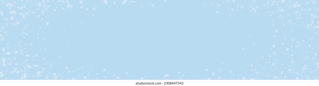 Magic falling snow christmas background. Subtle flying snow flakes and stars on light blue winter backdrop. Magic falling snow holiday scenery.   Panoramic vector illustration.