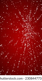 Magic falling snow christmas background. Subtle flying snow flakes and stars on christmas red background. Magic falling snow holiday scenery.   Vertical vector illustration.