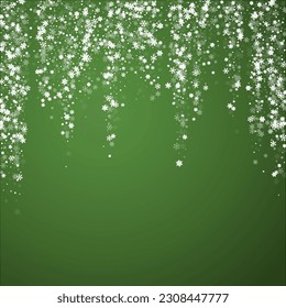 Magic falling snow christmas background. Subtle flying snow flakes and stars on christmas green background. Magic falling snow holiday scenery.   Square vector illustration.