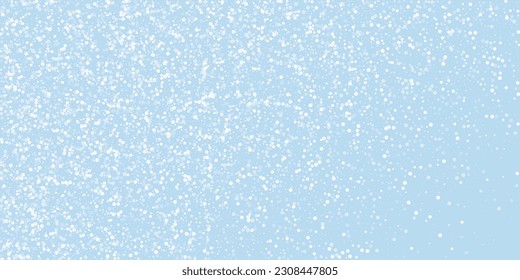 Magic falling snow christmas background. Subtle flying snow flakes and stars on light blue winter backdrop. Magic falling snow holiday scenery.   Wide vector illustration.