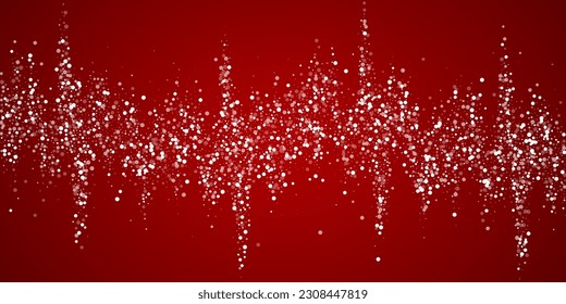 Magic falling snow christmas background. Subtle flying snow flakes and stars on christmas red background. Magic falling snow holiday scenery.   Wide vector illustration.