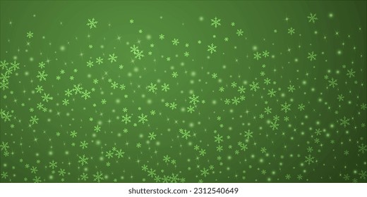 Magic falling snow christmas background. Subtle flying snow flakes and stars on christmas green background. Magic falling snow holiday scenery.   Wide vector illustration.