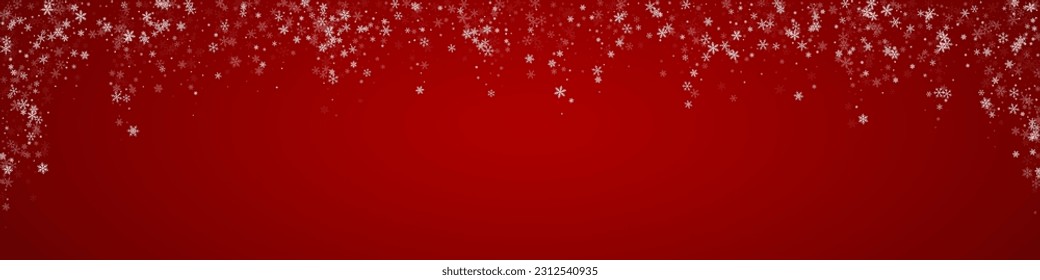 El fondo de navidad de la nieve cae mágicamente. Sutiles copos de nieve volando y estrellas de fondo rojo navideño. Escenario de vacaciones de nieve en caída mágica.   Ilustración de vector panorámica.