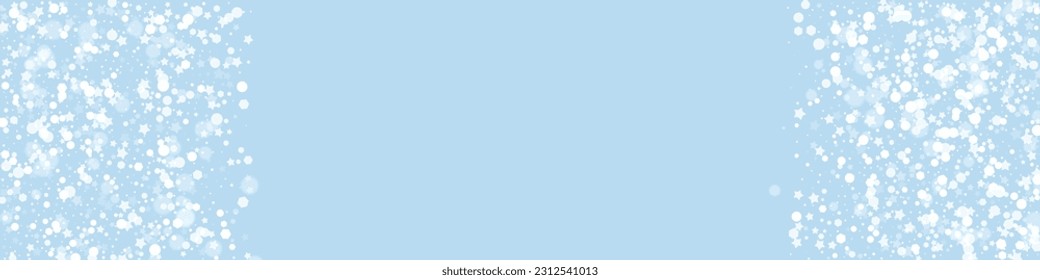 Magic falling snow christmas background. Subtle flying snow flakes and stars on light blue winter backdrop. Magic falling snow holiday scenery.   Panoramic vector illustration.